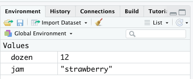 R objects are conveniently listed within the *Environment* Tab in RStudio.